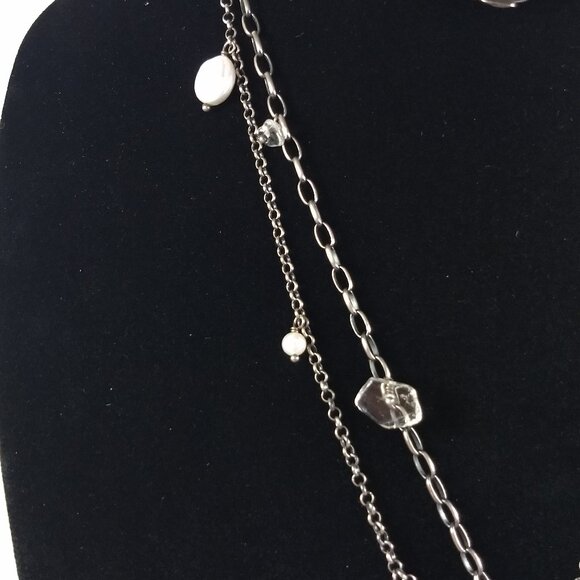 Clear Bead Coin Pearl Long Line Statement Necklace Marked 925 Art Teacher Boho - Picture 3 of 7